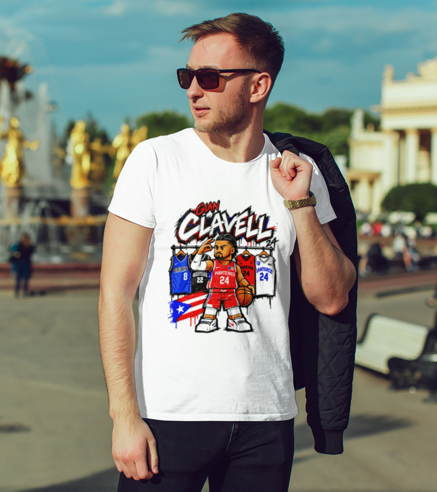 Gian Clavell Puerto Rico Basketball Cartoon With Jersey Collection And Flag T-Shirt
