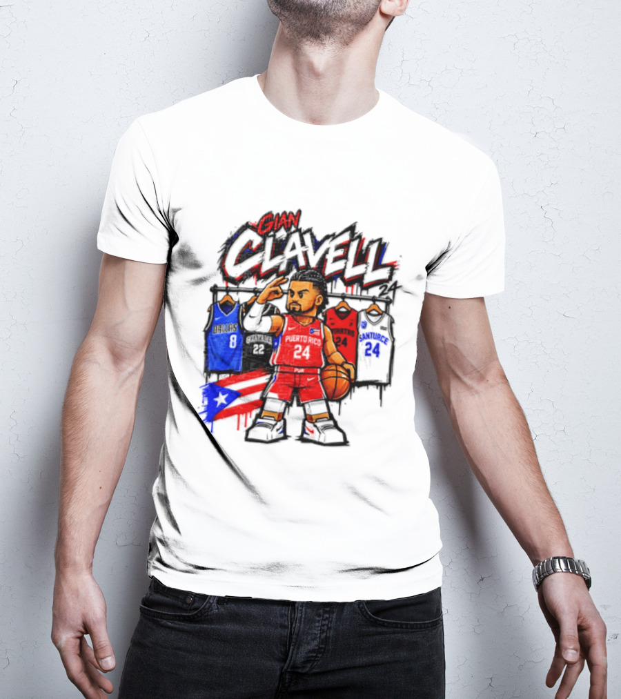Gian Clavell Puerto Rico Basketball Cartoon With Jersey Collection And Flag T-Shirt
