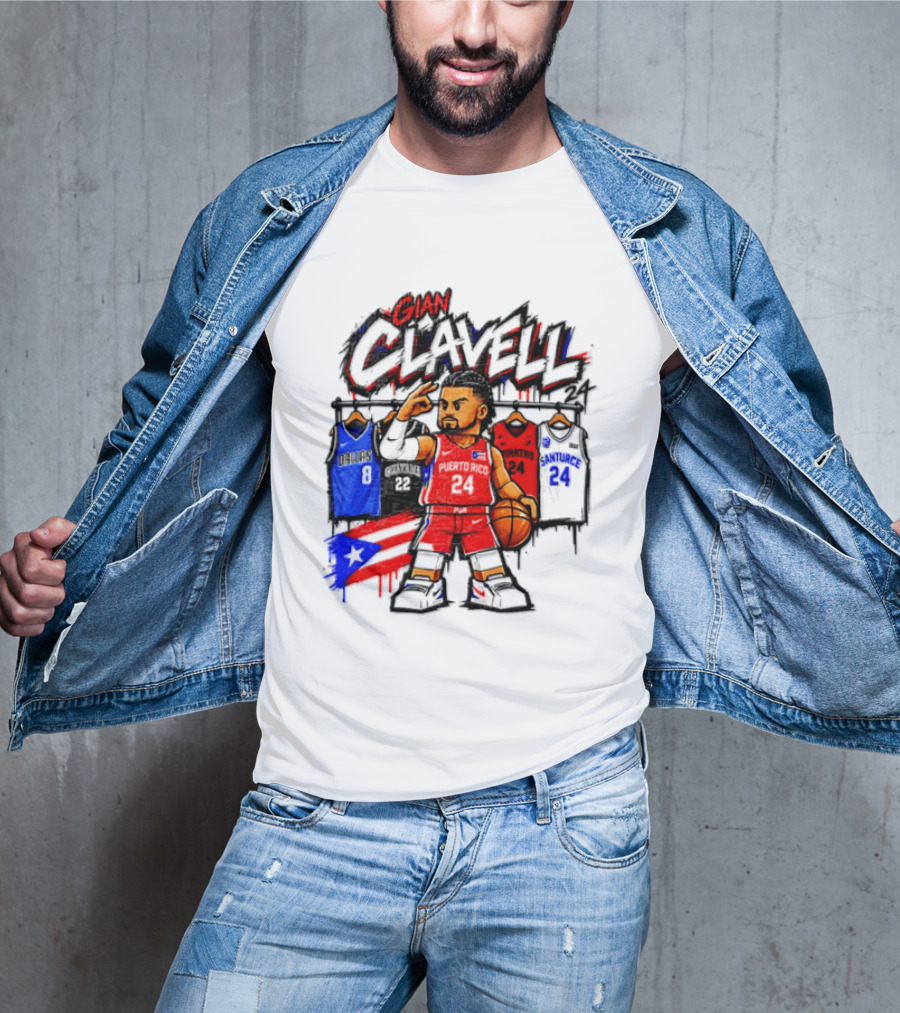 Gian Clavell Puerto Rico Basketball Cartoon With Jersey Collection And Flag T-Shirt