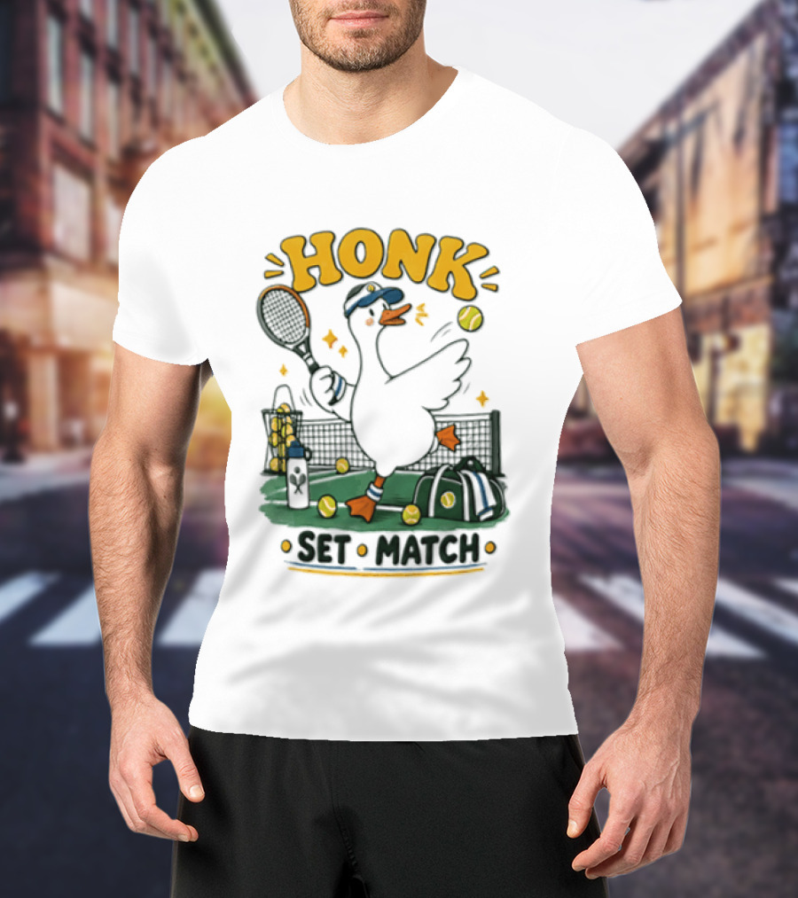 Honk Set Match Duck Playing Tennis Cartoon T-Shirt