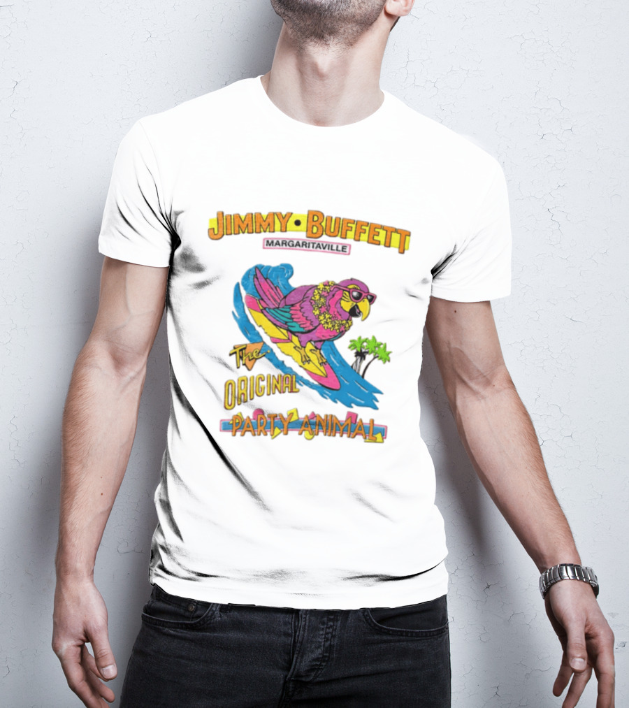 Jimmy Buffett Margaritaville Original Party Animal Parrot Surfing Wave T-Shirt