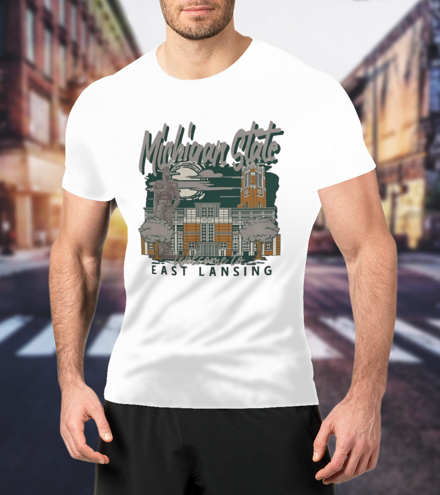 Michigan State University Welcome To East Lansing Scenic Campus Architecture And Famous Spartan Statue T-Shirt