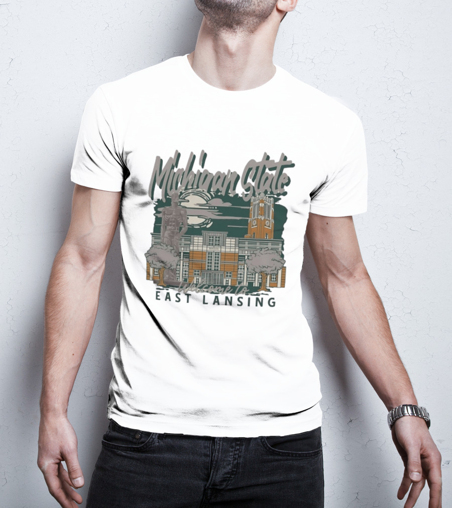 Michigan State University Welcome To East Lansing Scenic Campus Architecture And Famous Spartan Statue T-Shirt