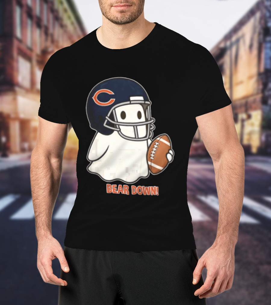 Chicago Bears Bear Down Ghost Football Helmet Holding Ball T-Shirt