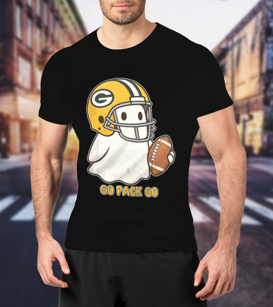 Go Pack Go Ghost With Green Bay Packers Football Helmet And Ball T-Shirt