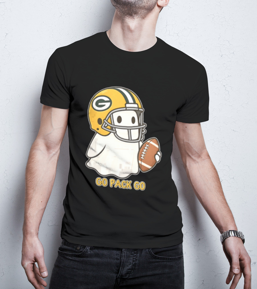 Go Pack Go Ghost With Green Bay Packers Football Helmet And Ball T-Shirt