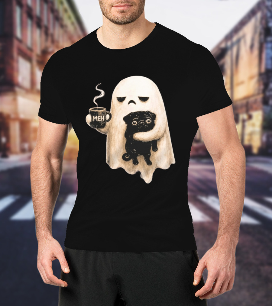 Halloween Meh Ghost Holding Black Pug Dog Lover T-Shirt