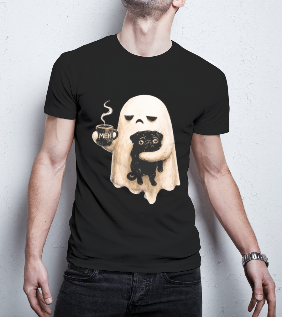 Halloween Meh Ghost Holding Black Pug Dog Lover T-Shirt