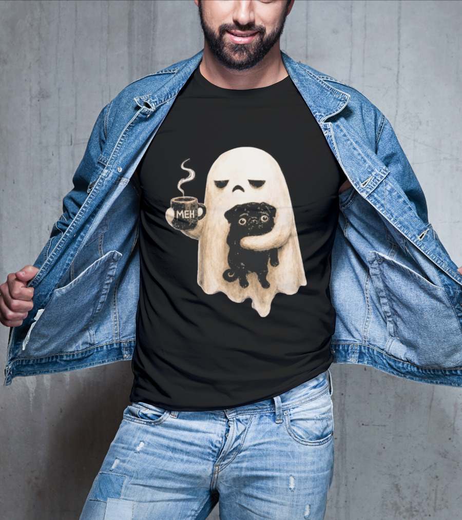 Halloween Meh Ghost Holding Black Pug Dog Lover T-Shirt