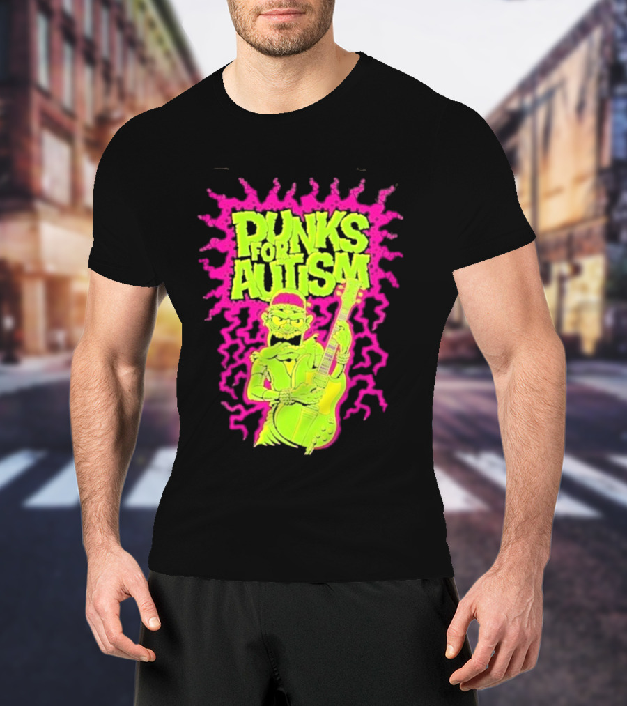 Punks For Autism Frankenstein Guitar Player Neon Rock T-Shirt