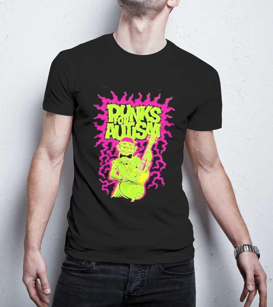 Punks For Autism Frankenstein Guitar Player Neon Rock T-Shirt