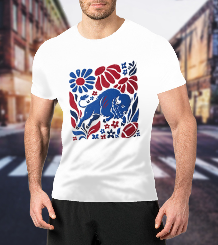 Buffalo Bills Charging Buffalo Red Blue Flowers Football T-Shirt