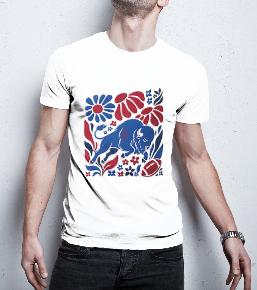 Buffalo Bills Charging Buffalo Red Blue Flowers Football T-Shirt