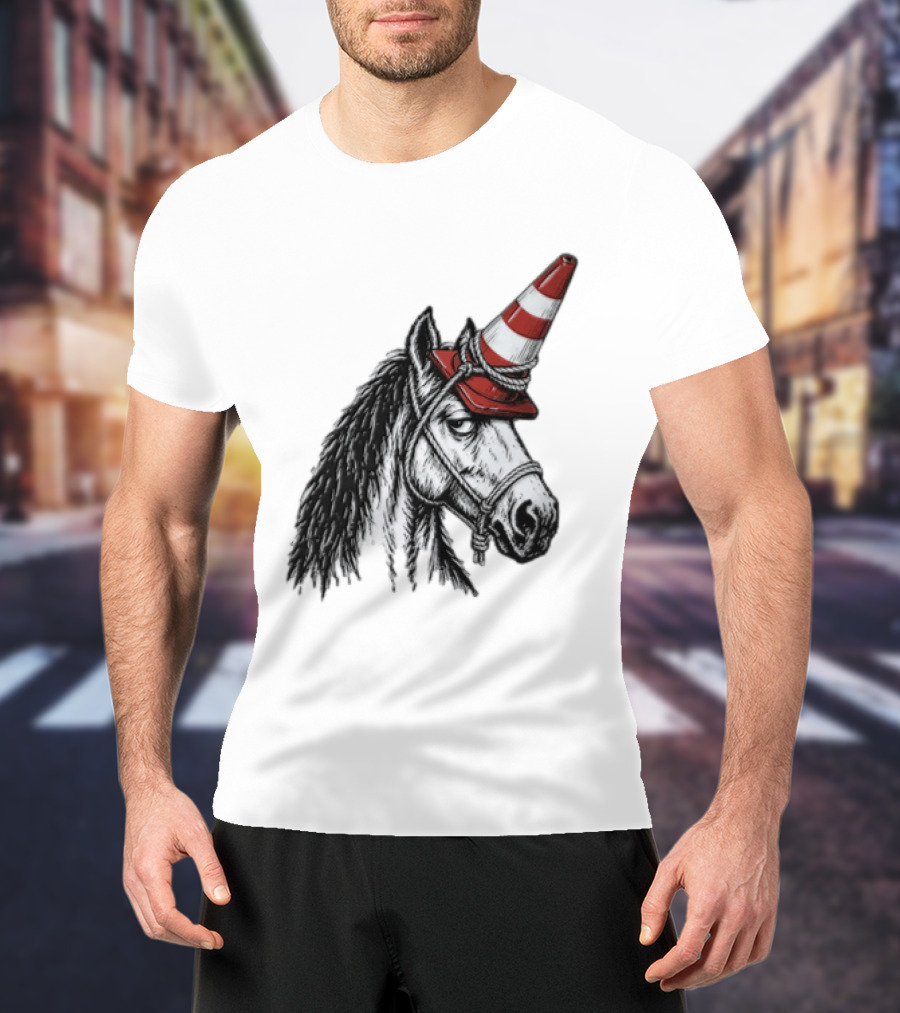 Horse Wearing Red Traffic Cone Hat Rope Accessory T-Shirt