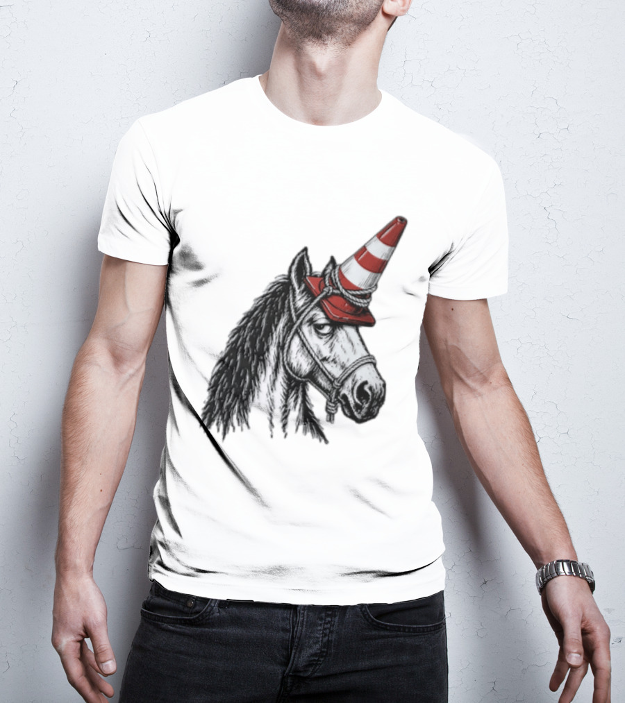 Horse Wearing Red Traffic Cone Hat Rope Accessory T-Shirt