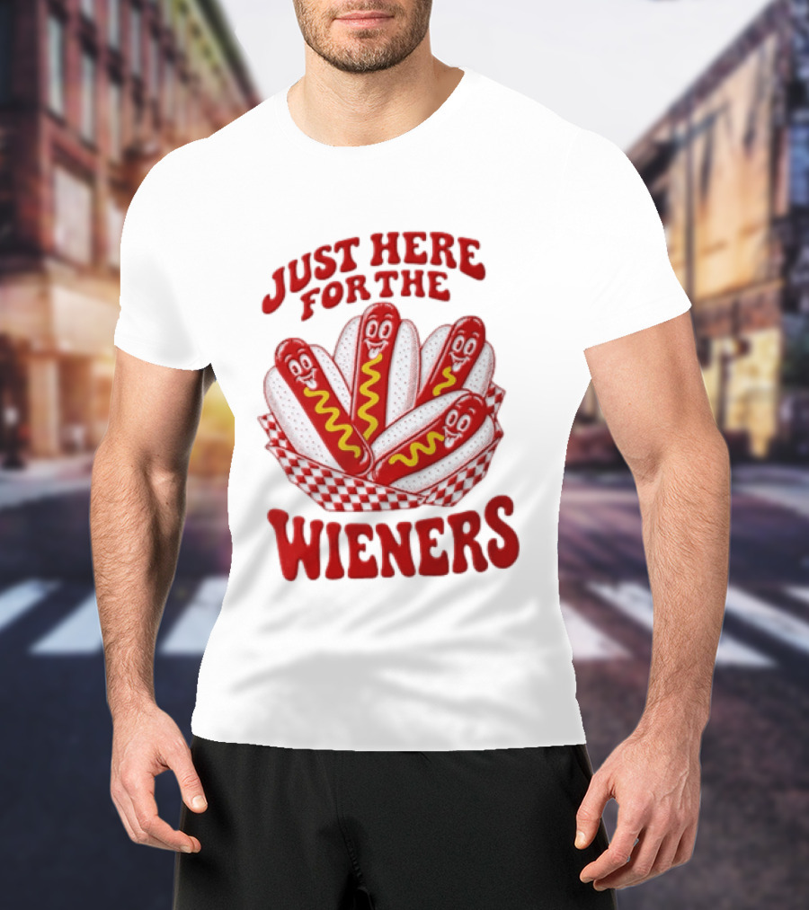 Just Here For The Wieners Four Cartoon Hot Dogs Mustard T-Shirt