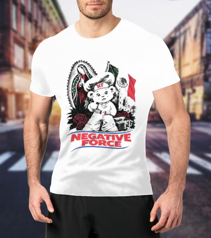 Negative Force Bear With Mexican Flag Virgin Mary Roses T-Shirt