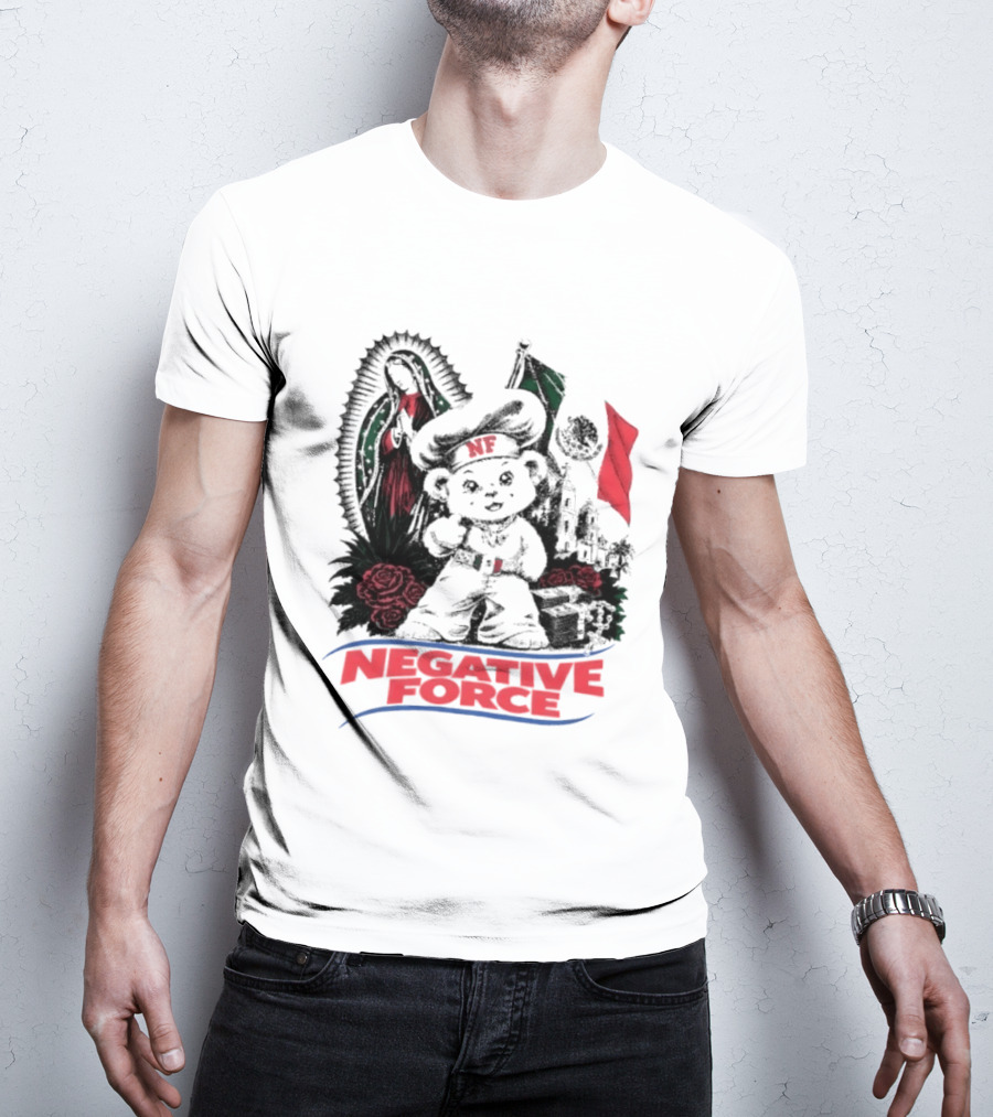 Negative Force Bear With Mexican Flag Virgin Mary Roses T-Shirt