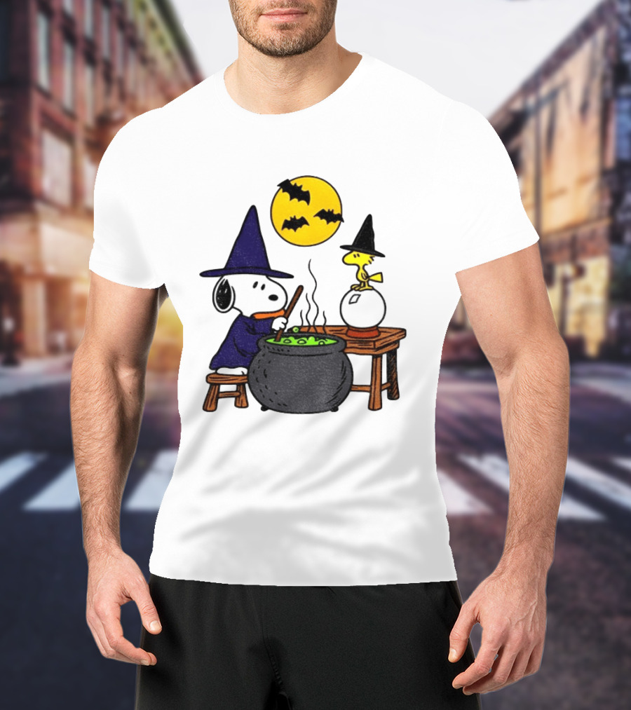 Snoopy Witch Cauldron Woodstock Crystal Ball Halloween Moon Bats T-Shirt