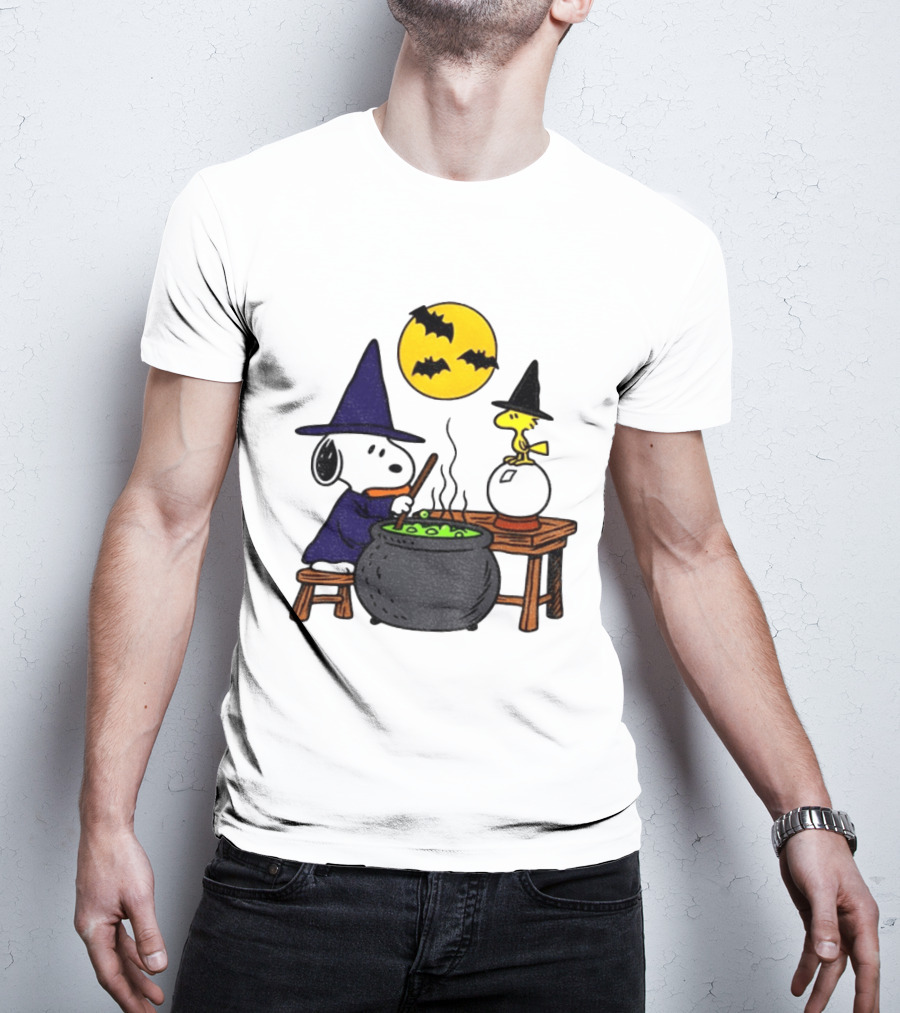 Snoopy Witch Cauldron Woodstock Crystal Ball Halloween Moon Bats T-Shirt