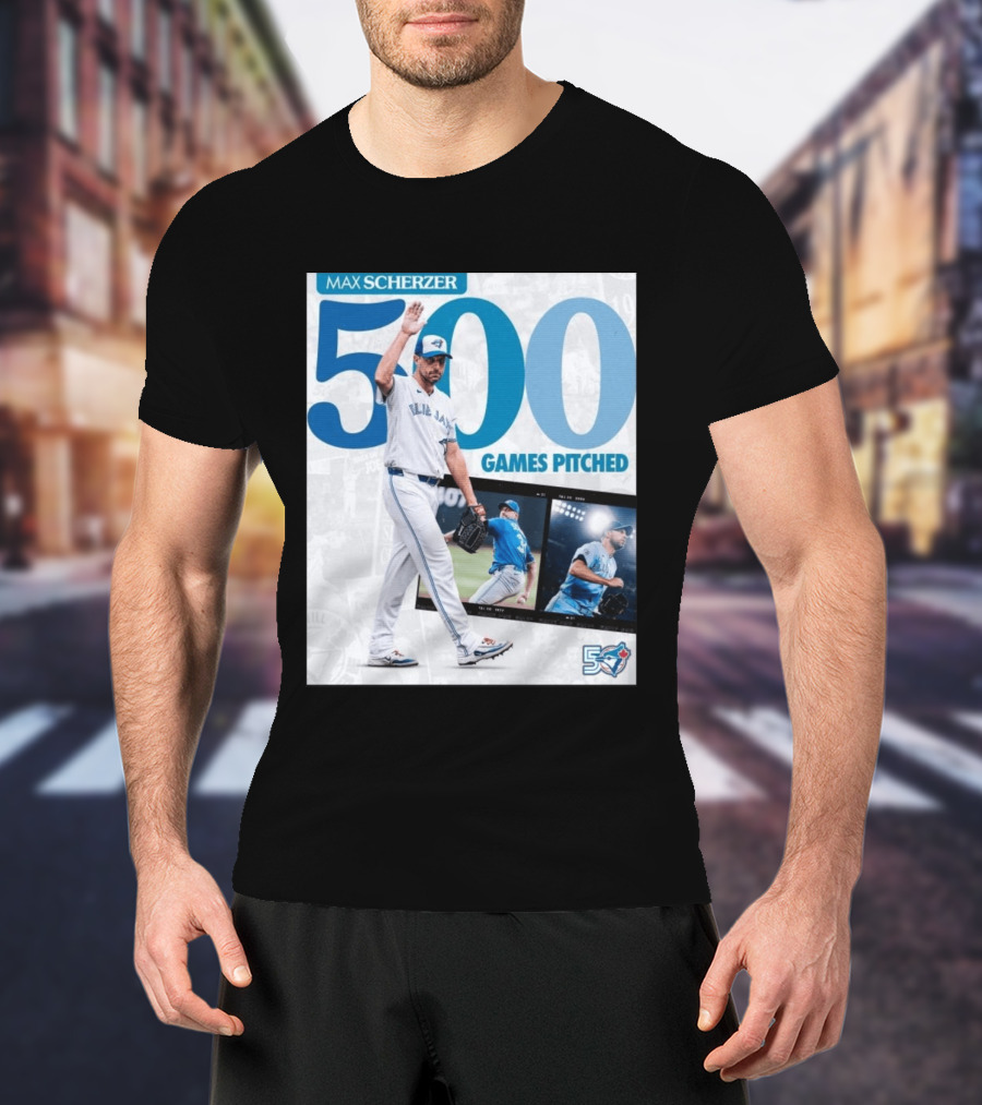 Max Scherzer 500 Games Pitched Blue Jays 50 T-Shirt