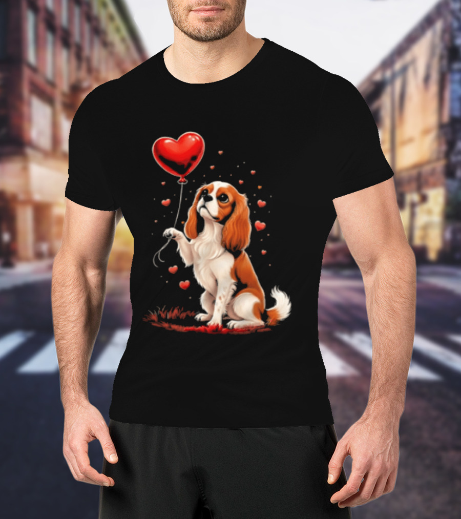 Cavalier King Charles Spaniel With Heart Balloon Surrounded By Floating Hearts T-Shirt