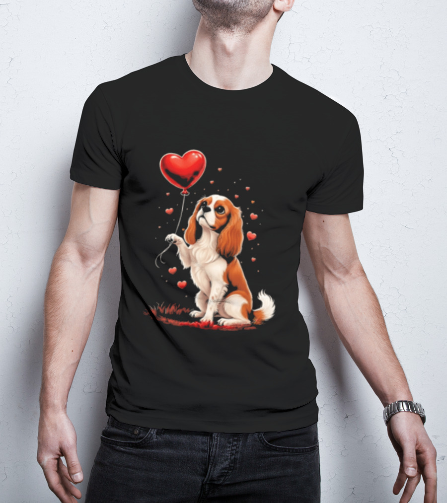Cavalier King Charles Spaniel With Heart Balloon Surrounded By Floating Hearts T-Shirt