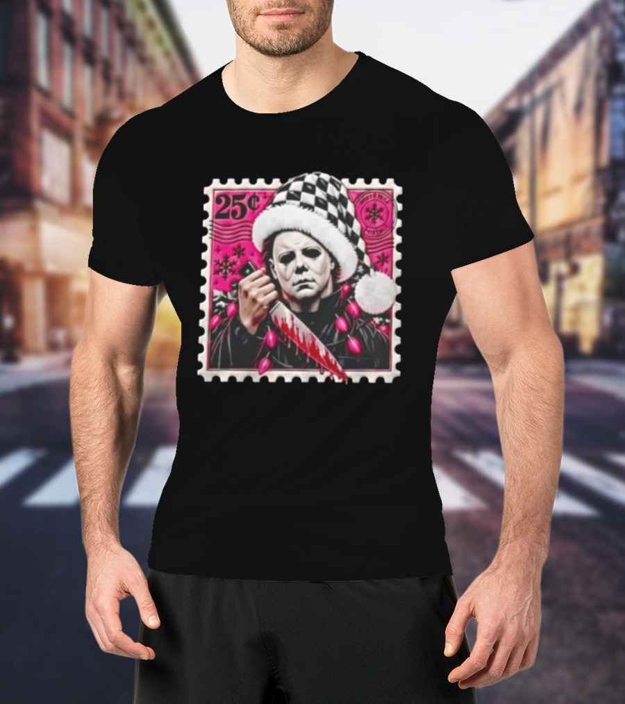 Cincinnati Bengals Michael Myers 25 Cent Checkerboard Santa Hat Holding Knife Pink T-Shirt