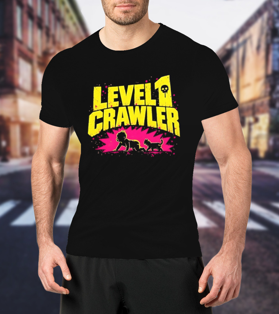 Level 1 Crawler Baby And Kitten Gamer Gaming Fun Adventure T-Shirt