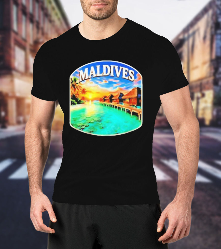 Maldives Tropical Sunset Overwater Bungalows Exquisite Island Escape T-Shirt