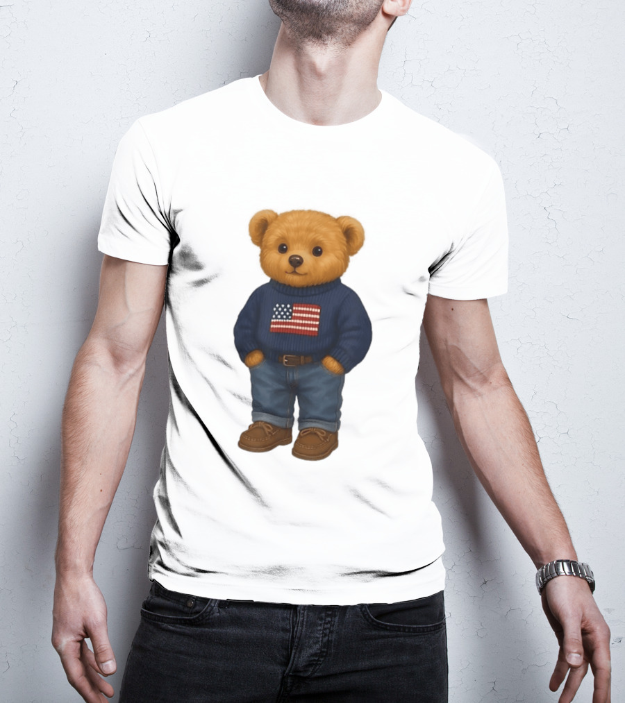 Polo Bear Sweater With American Flag Knit Fashion T-Shirt