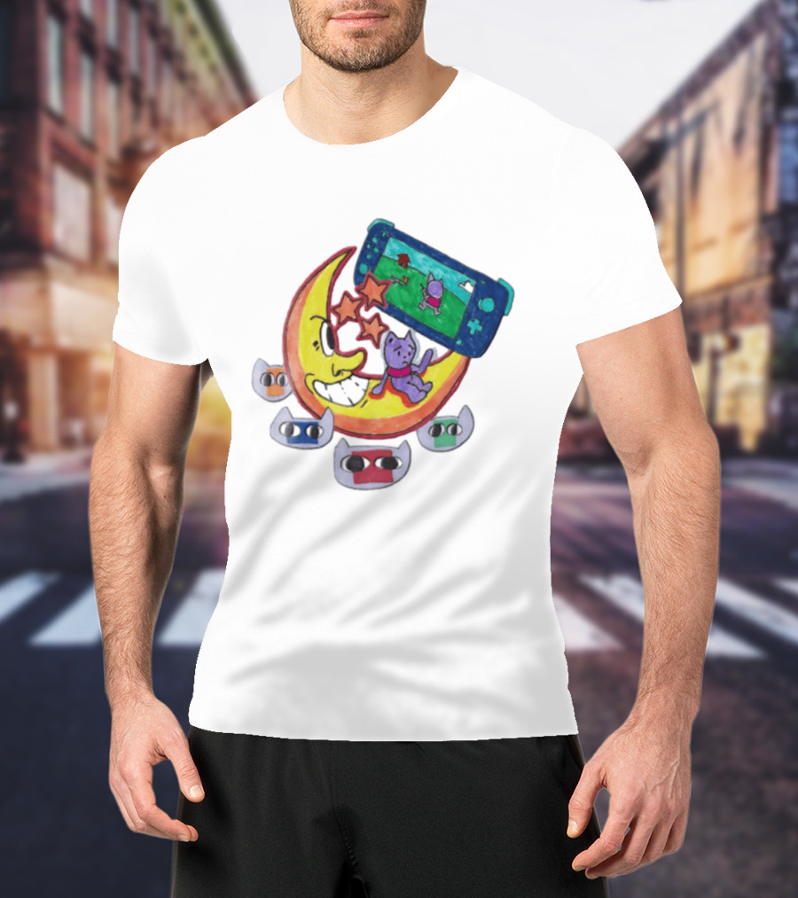 Purple Bear Gaming On Moon With Sunflowers And Dogs Whimsical Two Sided T-Shirt