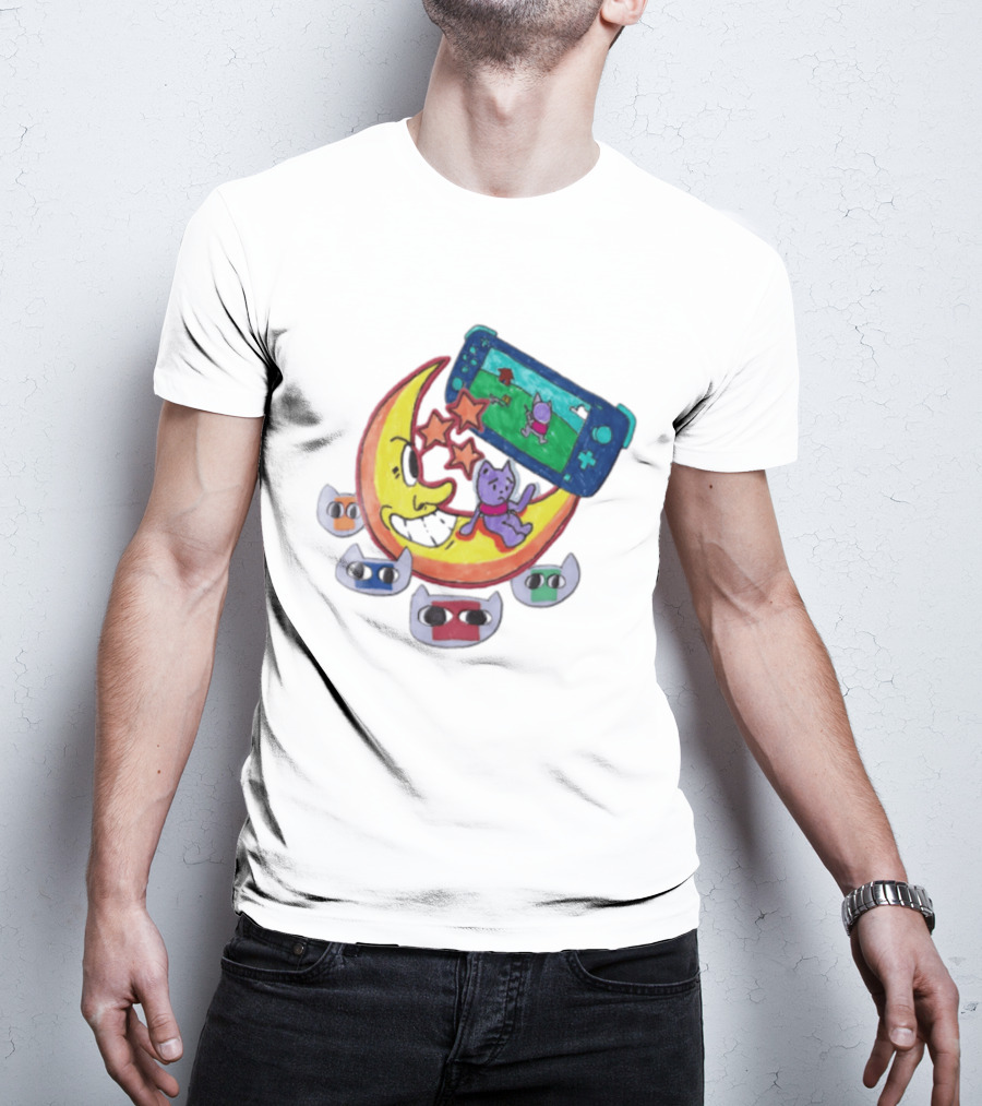 Purple Bear Gaming On Moon With Sunflowers And Dogs Whimsical Two Sided T-Shirt