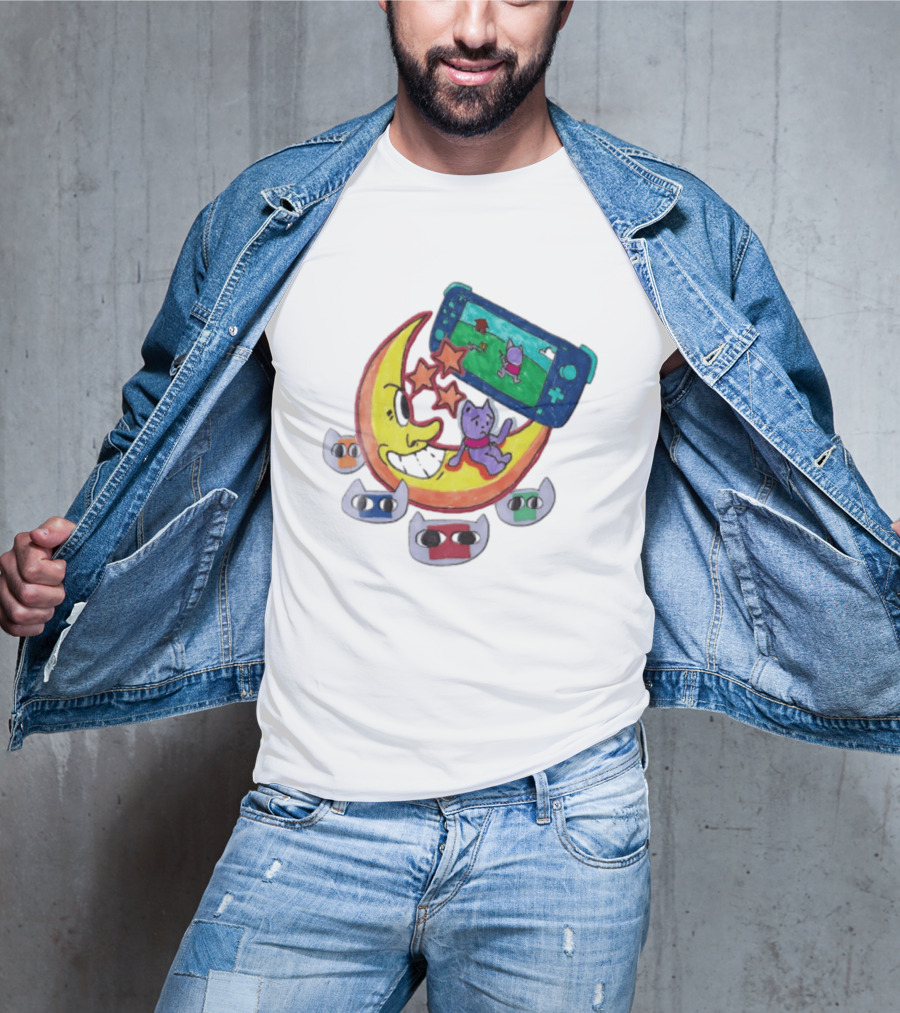 Purple Bear Gaming On Moon With Sunflowers And Dogs Whimsical Two Sided T-Shirt