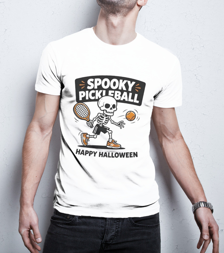 Spooky Pickleball Skeleton Halloween T-Shirt