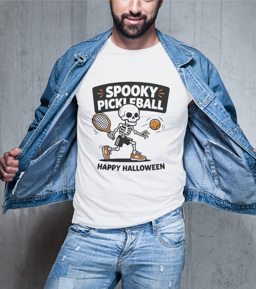 Spooky Pickleball Skeleton Halloween T-Shirt