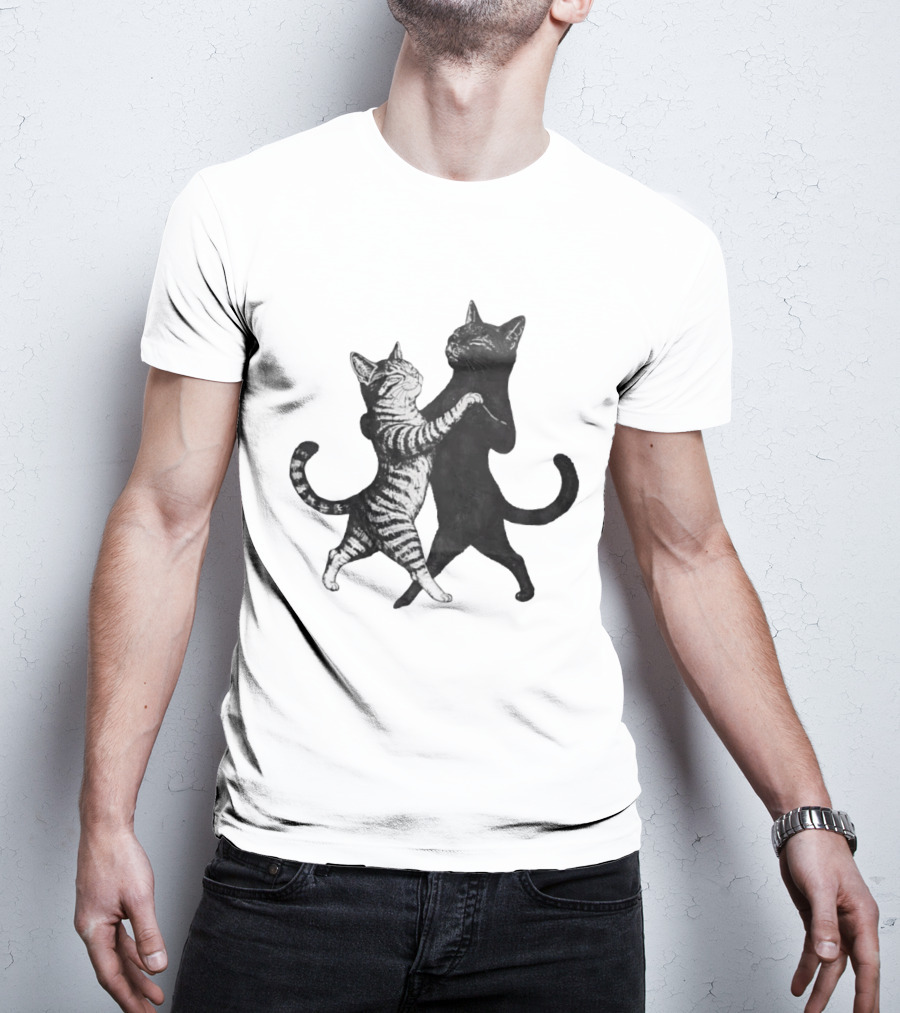 Two Cats Dancing Together Feline Black And White Playful Duo T-Shirt