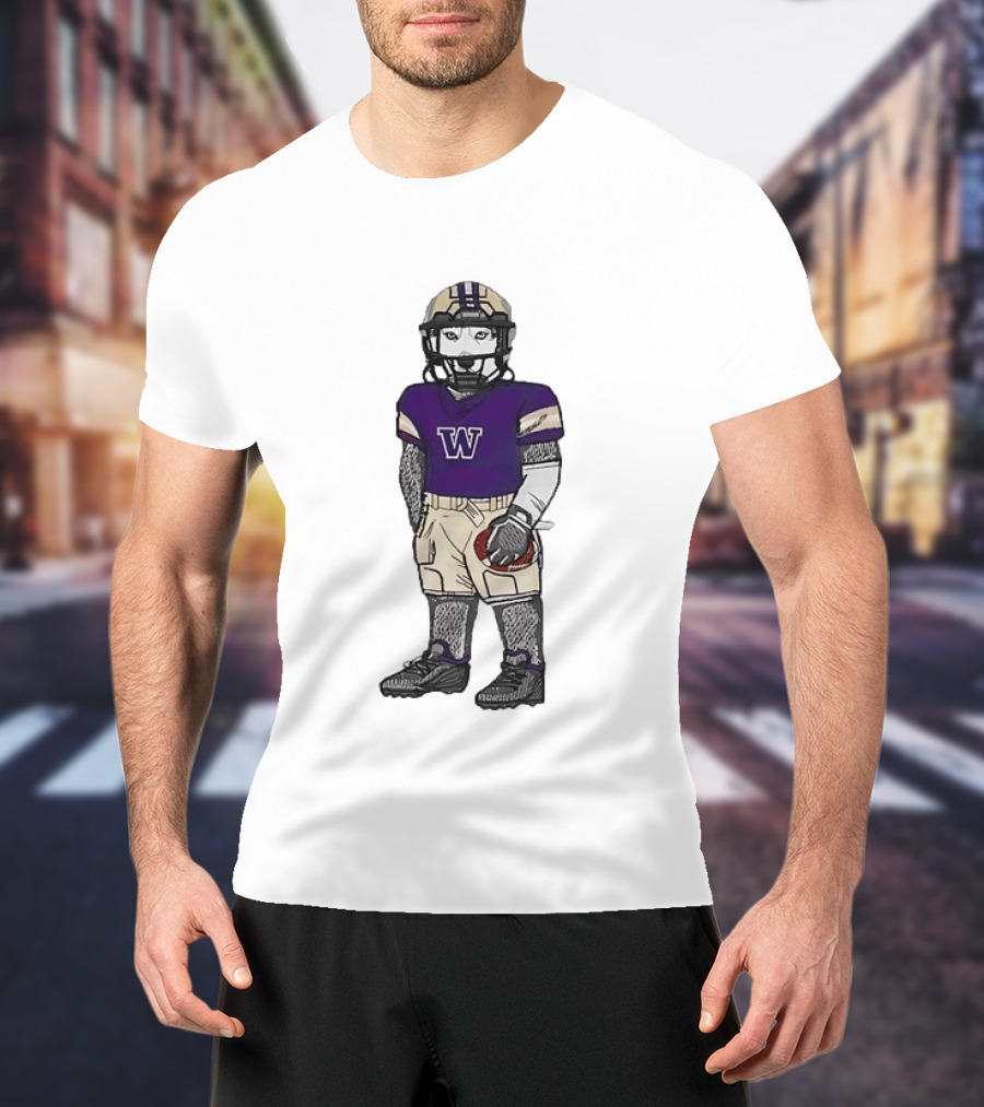 Washington Huskies Football Player Husky Mascot With Purple Jersey T-Shirt