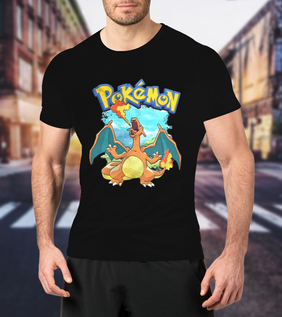 Pokemon Charizard Breathing Fire In Green Landscape T-Shirt