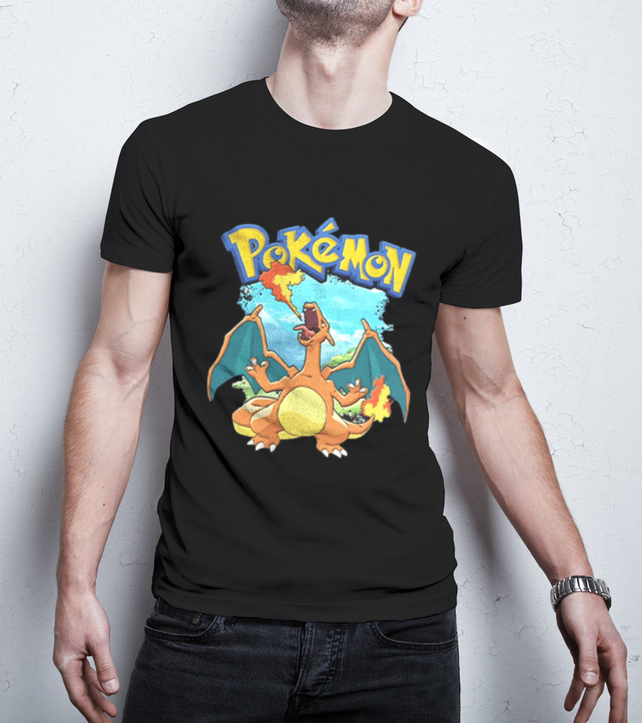 Pokemon Charizard Breathing Fire In Green Landscape T-Shirt