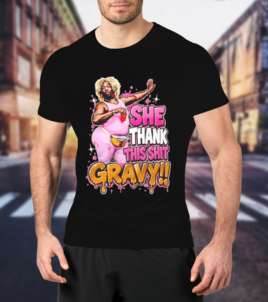 Yung Gravy She Thank This Shit Gravy Rapper Pink Outfit Drink Pose T-Shirt