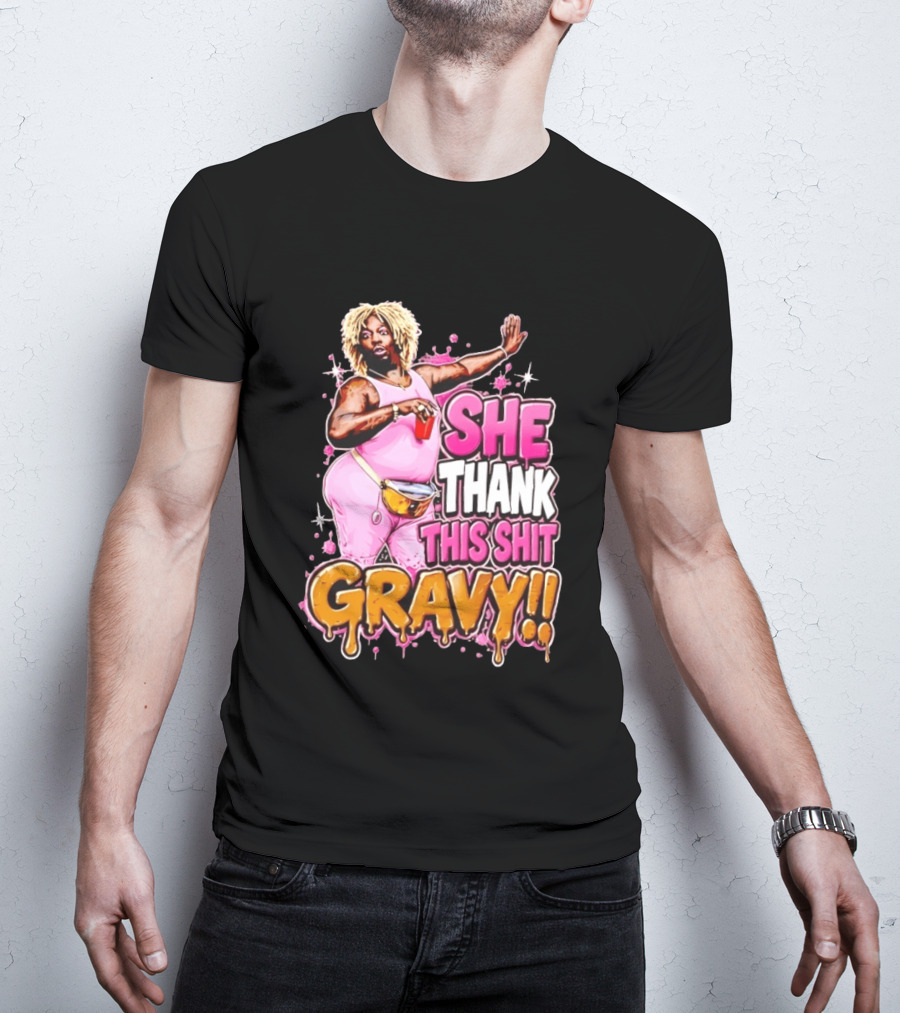 Yung Gravy She Thank This Shit Gravy Rapper Pink Outfit Drink Pose T-Shirt