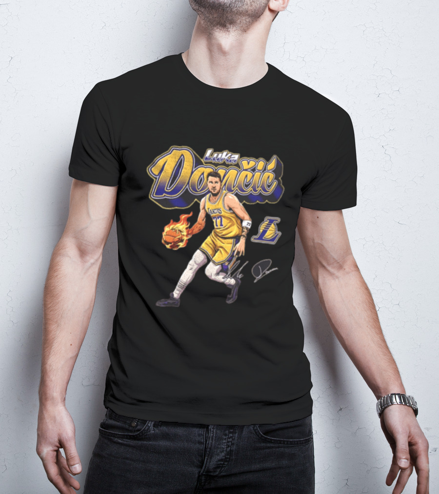 Luka Dončić Los Angeles Lakers Flaming Basketball Dribble NBA Player T-Shirt
