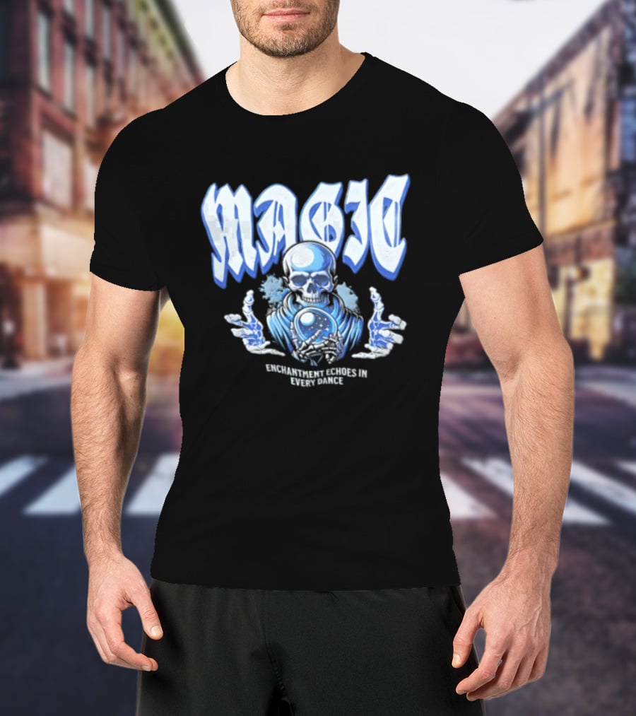 Magic Enchantment Echoes Skeleton Holding Glowing Crystal Ball T-Shirt