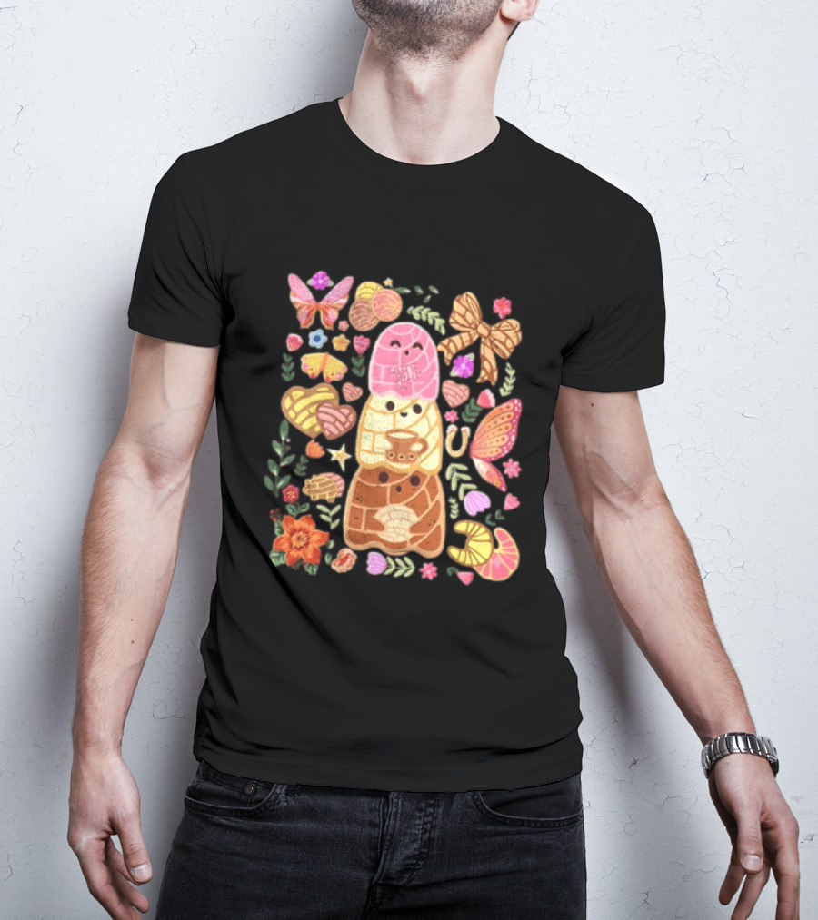 Stacked Concha Bread Characters With Colorful Flowers And Butterflies T-Shirt