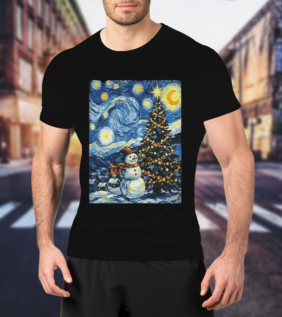 Starry Snowman Christmas Night With Tree And Sky T-Shirt
