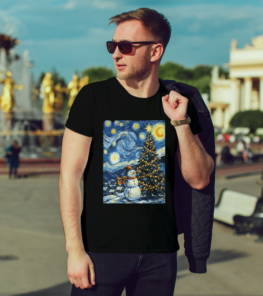 Starry Snowman Christmas Night With Tree And Sky T-Shirt