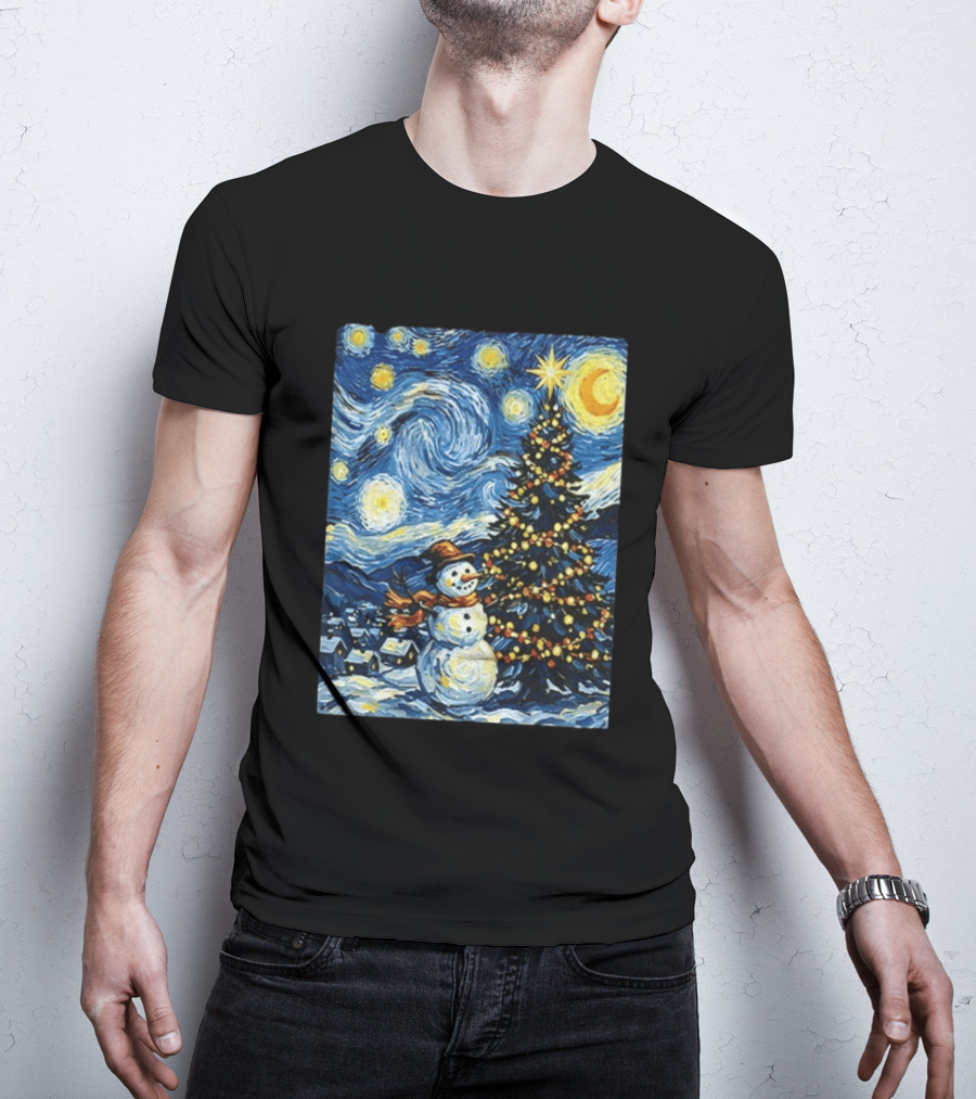 Starry Snowman Christmas Night With Tree And Sky T-Shirt