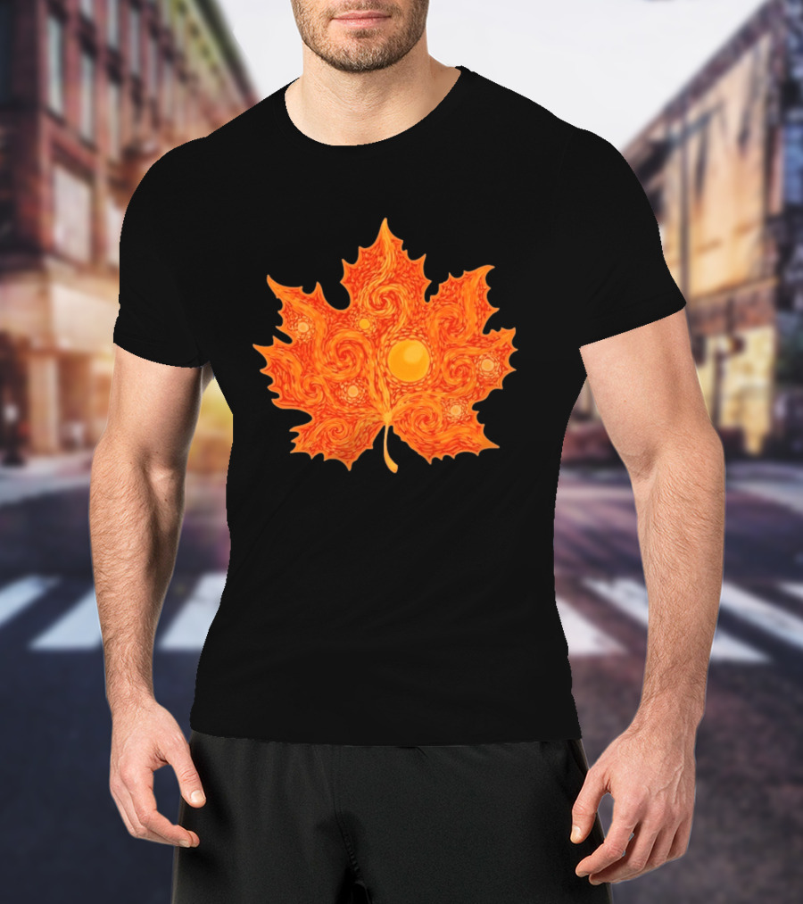 Starry Night Orange Maple Leaf Autumn Swirl T-Shirt