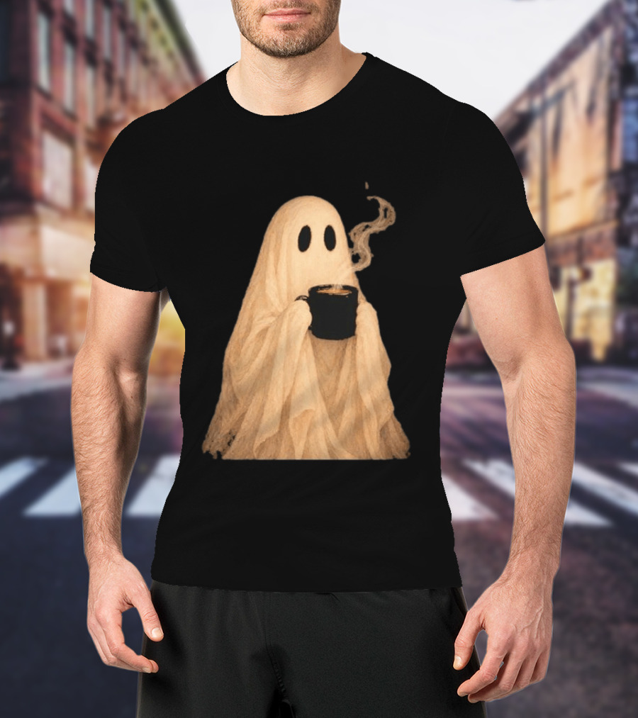 Ghost Spooky Coffee Bar Halloween Cozy Ghost Holding Coffee Steam T-Shirt